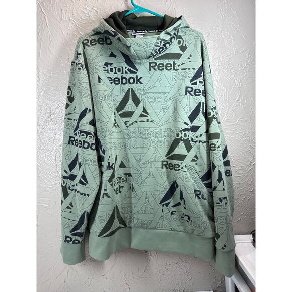 Reebok Hoodie Logo All Over Print Pullover Long Sleeve Sweatshirt Green Mens XL - Picture 1 of 6